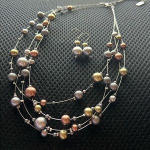 New Grey Copper Rose Beads Multi-Strand Wire Collar Necklace Earrings Gift Box